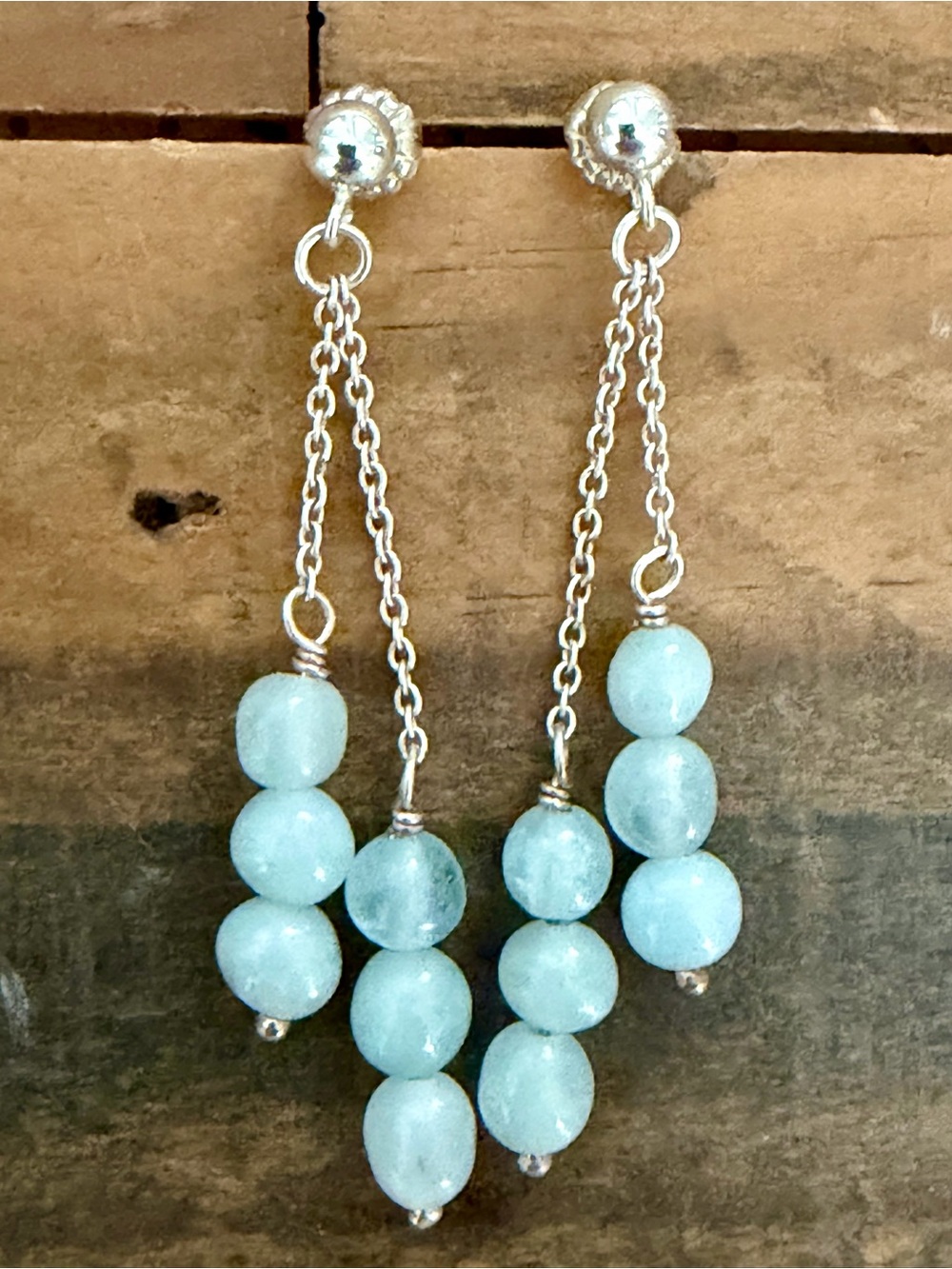 VINTAGE 925 STERLING SILVER MULTI STRAND PALE BLUE GEMSTONE BEADED EARRINGS